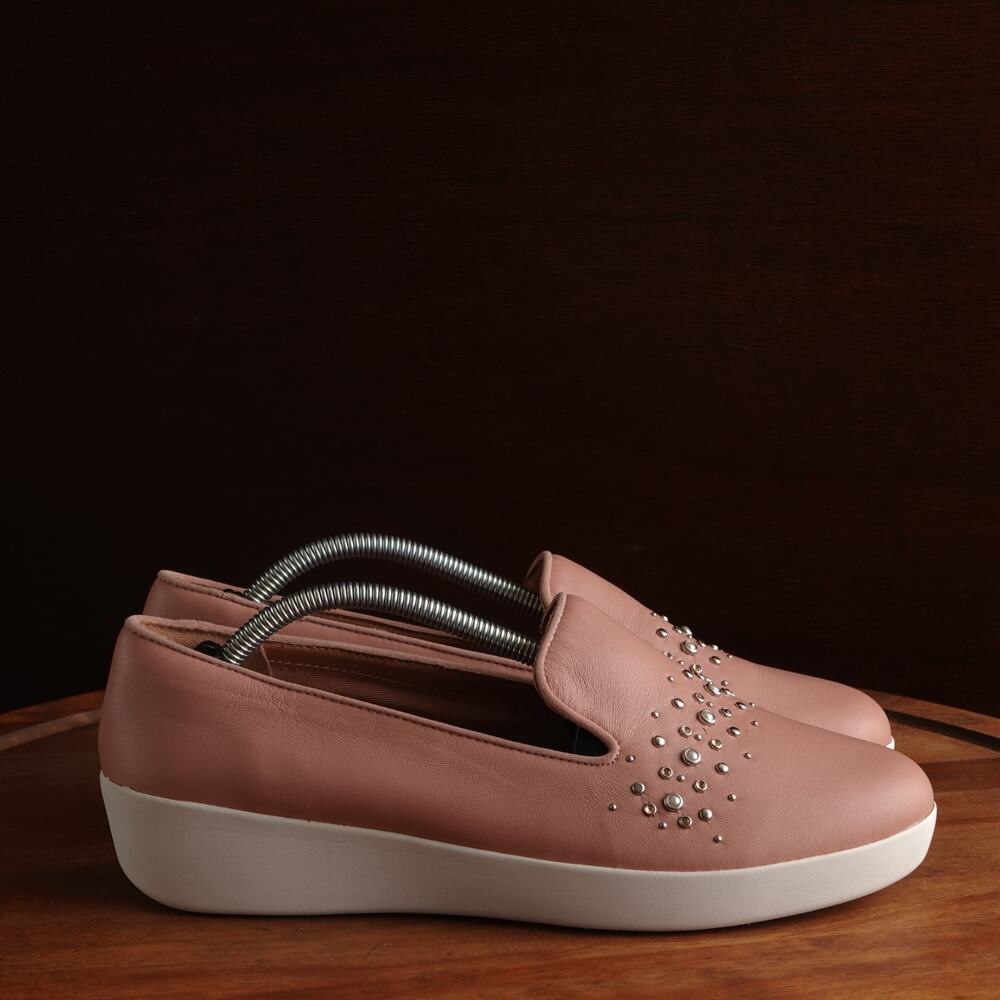 FitFlop Shoes Womens SZ 8 Pink Audrey Pearl Stud Smoking Loafer Leather Comfort